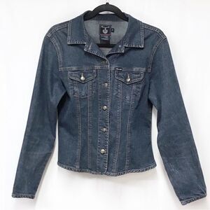 Faconnable Jean Jacket Y2K Fitted Stretch Denim Distressed Vintage Wash Size S